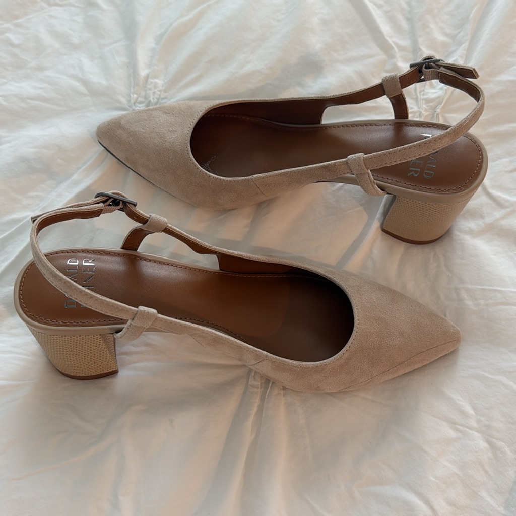 Donald J. Pliner Taupe Suede Pointed Toe Slingback Heels